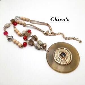 Chico’s Long Pendant Necklace Neutral Red Beads Gold Tone 32” Statement
